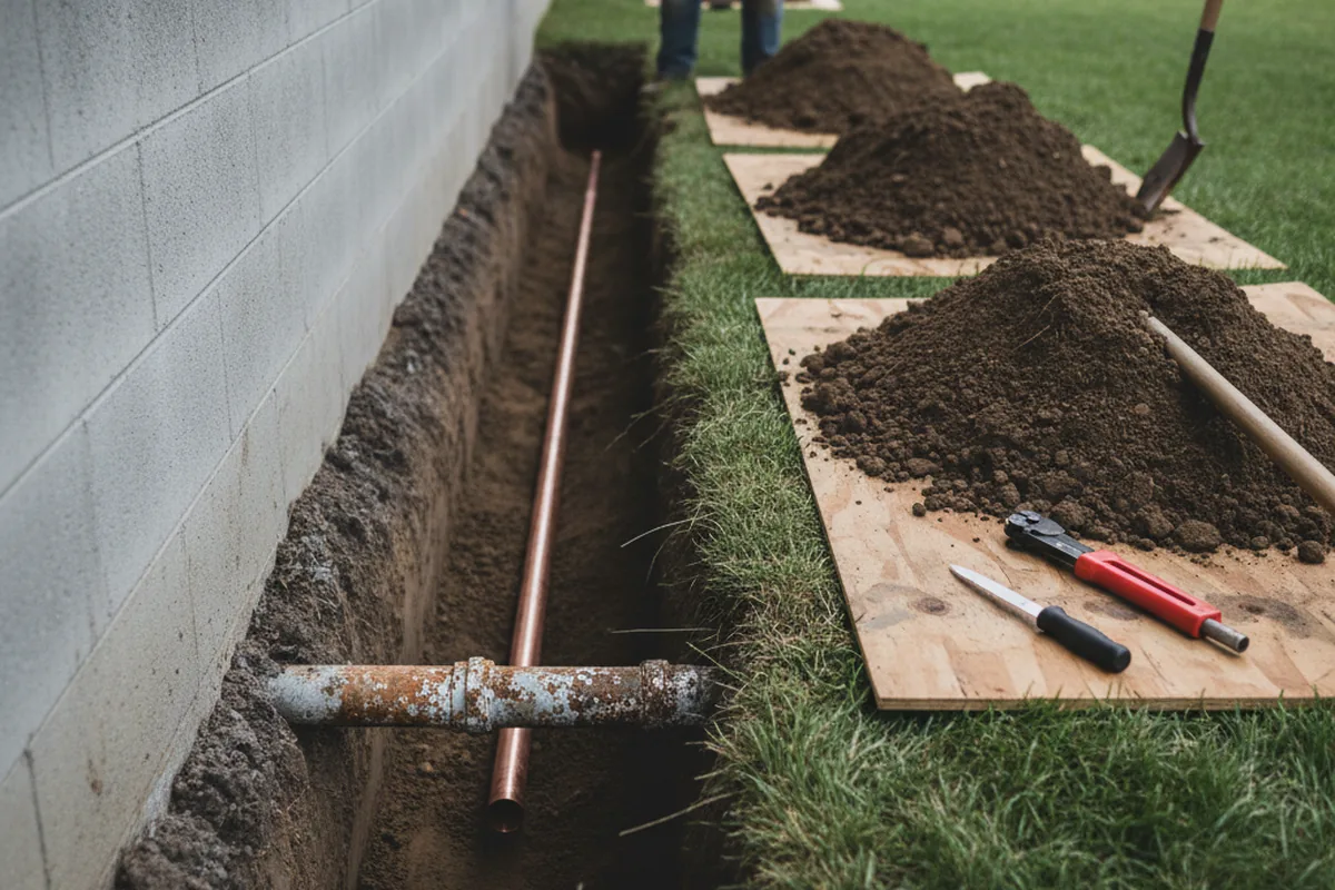Excavated water line trench during Sewer Line Repair in New Lisbon
